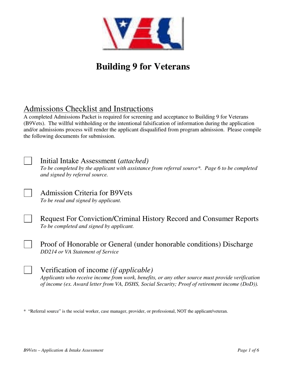 Application  Intake Assessment - Building 9 for Veterans - Washington, Page 1