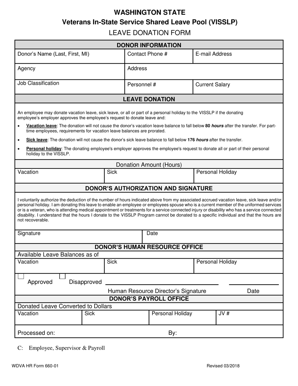 WDVA HR Form 660-01 Leave Donation Form - Veterans in-State Service Shared Leave Pool (Visslp) - Washington, Page 1