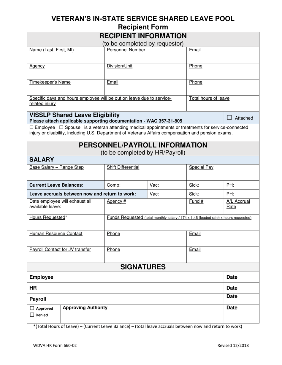 WDVA HR Form 660-02 Veterans in-State Service Shared Leave Pool Recipient Form - Washington, Page 1