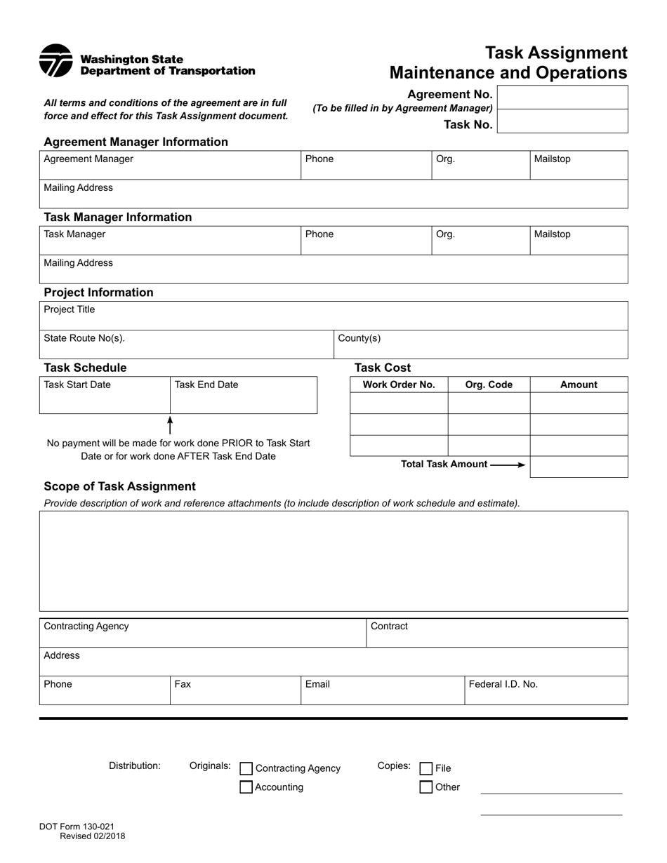 DOT Form 130-021 Task Assignment Maintenance and Operations - Washington, Page 1