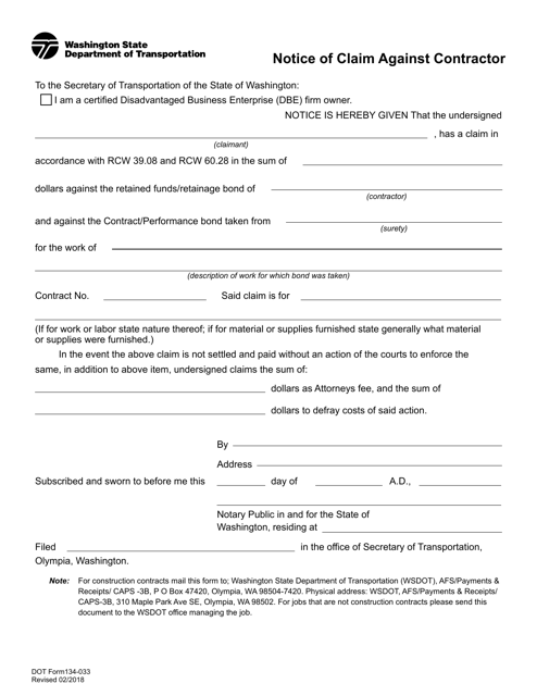 DOT Form 134-033  Printable Pdf