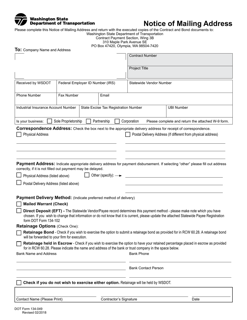 DOT Form 134-049 Notice of Mailing Address - Washington, Page 1