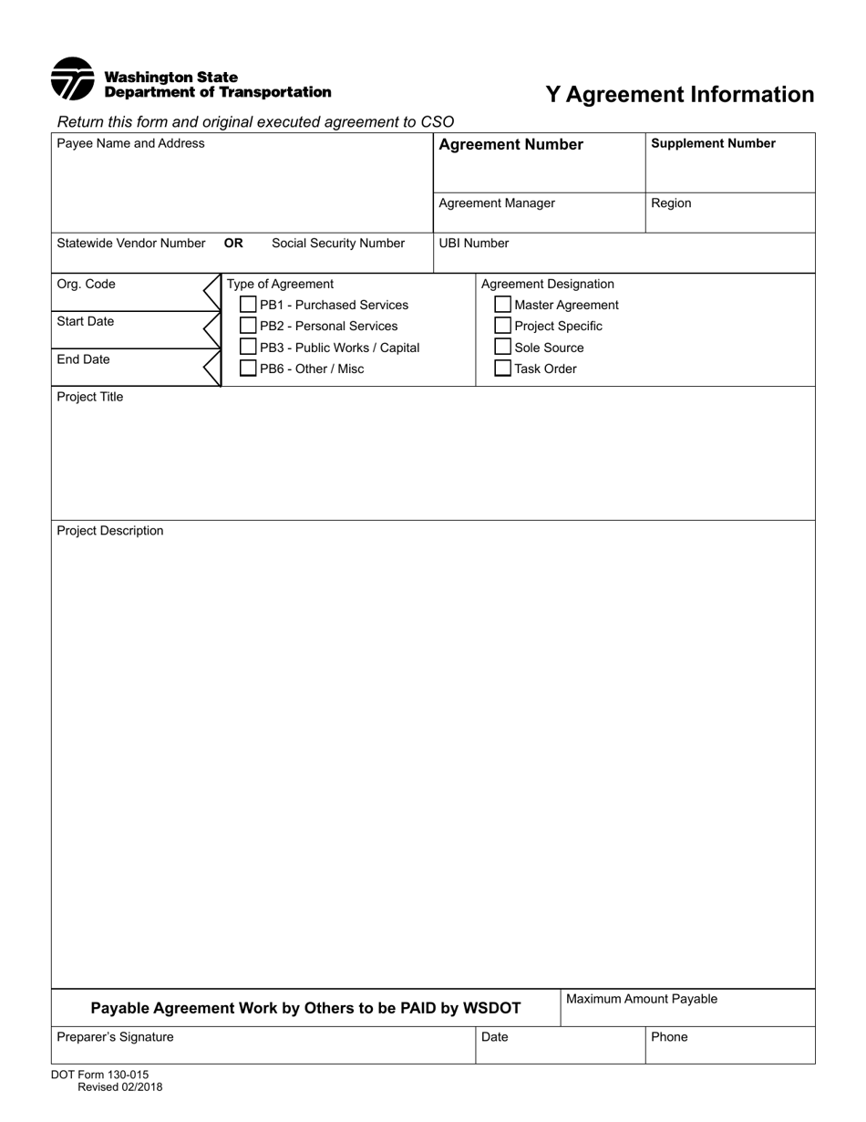 DOT Form 130-015 Y Agreement Information - Washington, Page 1