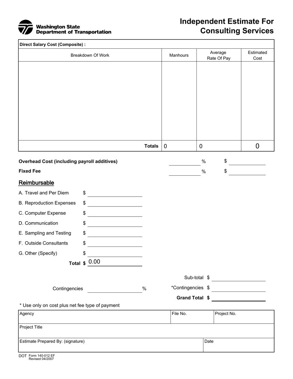 DOT Form 140-012 Independent Estimate for Consulting Services - Washington, Page 1