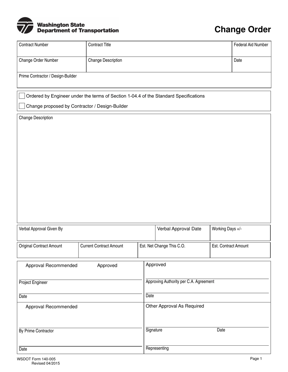 DOT Form 140-005 Change Order - Washington, Page 1