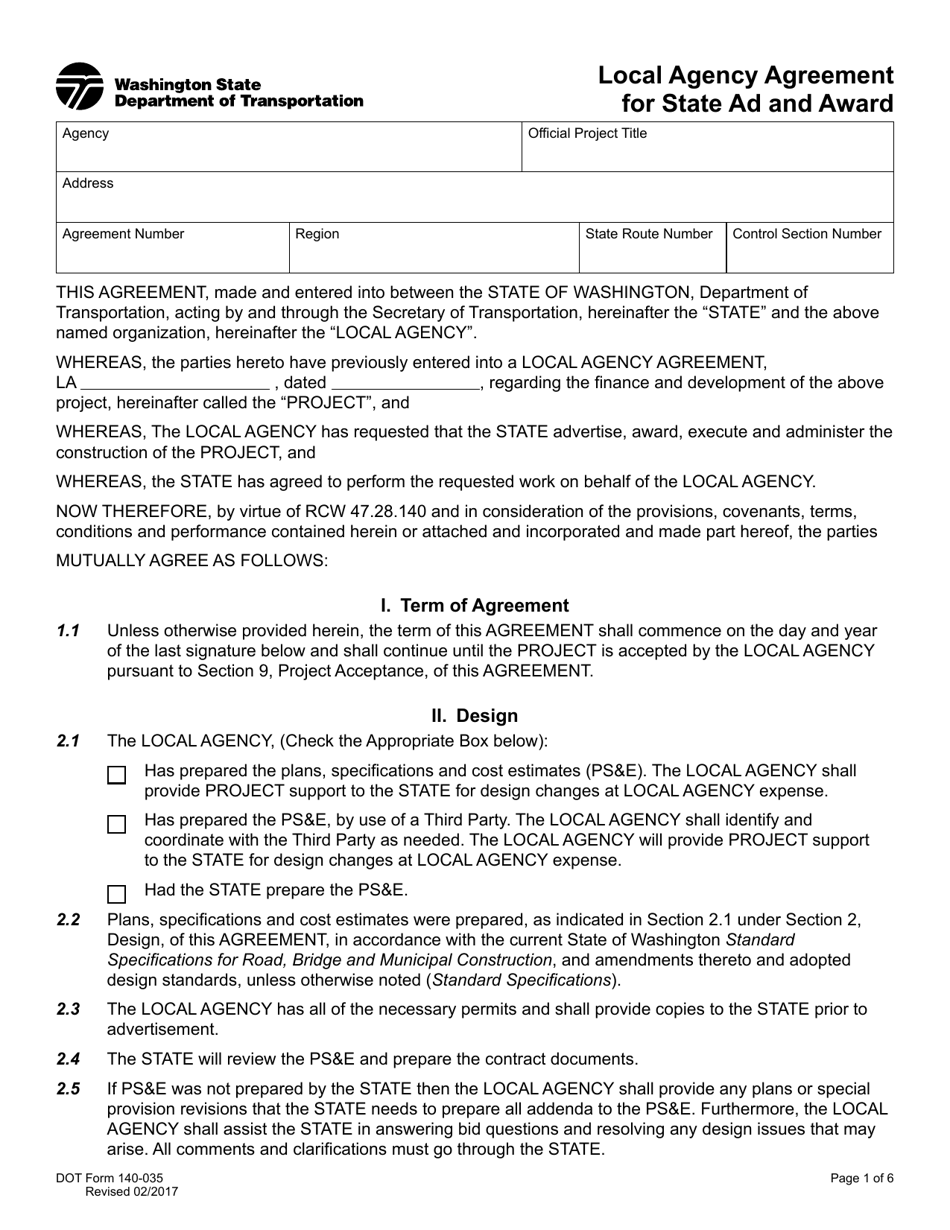 DOT Form 140-035 Local Agency Agreement for State Ad and Award - Washington, Page 1