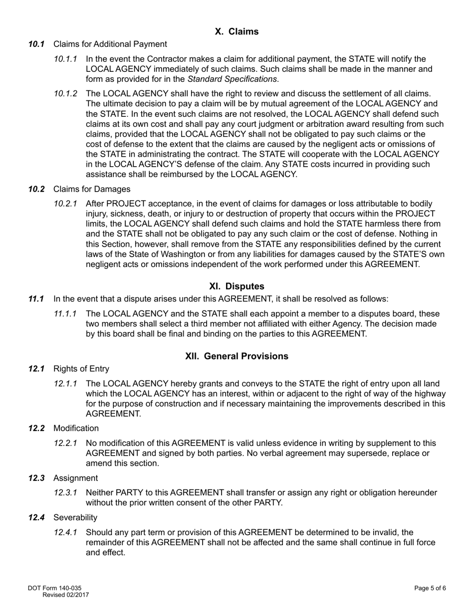 DOT Form 140-035 Local Agency Agreement for State Ad and Award - Washington, Page 5