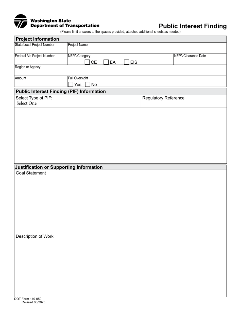 DOT Form 140-050 Public Interest Finding - Washington, Page 1