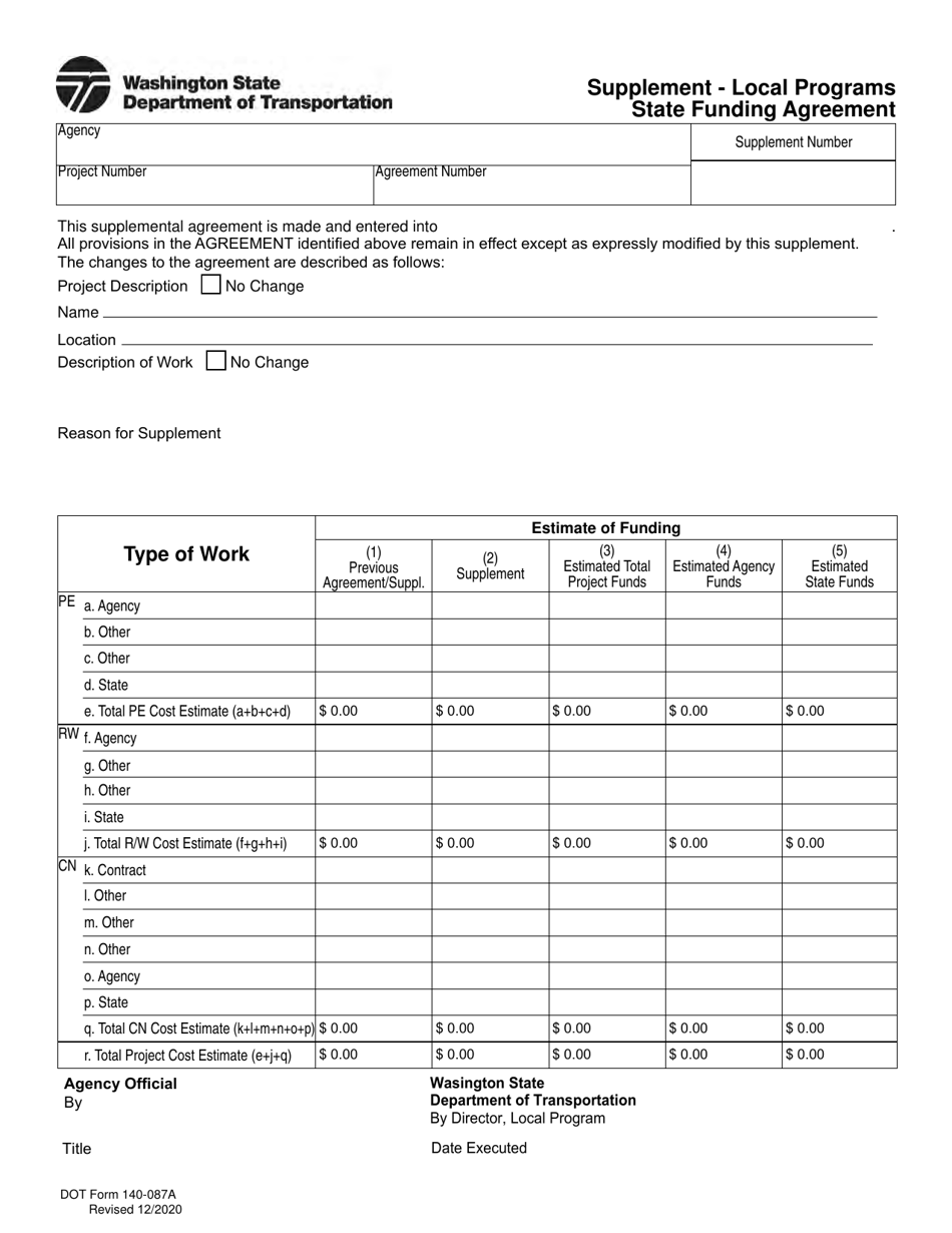 DOT Form 140-087A Supplement - Local Programs State Funding Agreement - Washington, Page 1