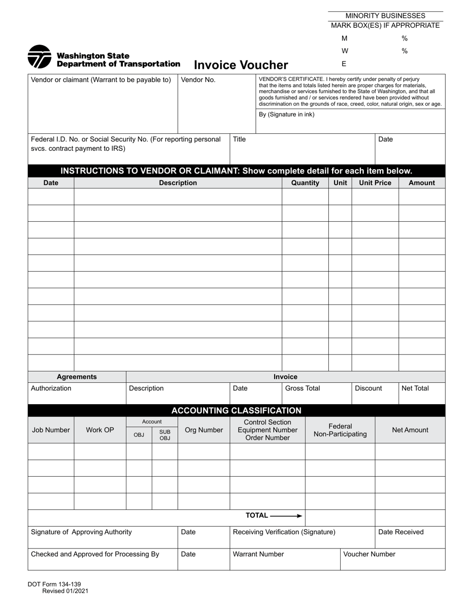 DOT Form 134-139 Invoice Voucher - Washington, Page 1