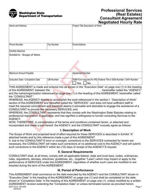 DOT Form 140-046 Professional Services (Real Estates) Consultant Agreement Negotiated Hourly Rate - Draft - Washington