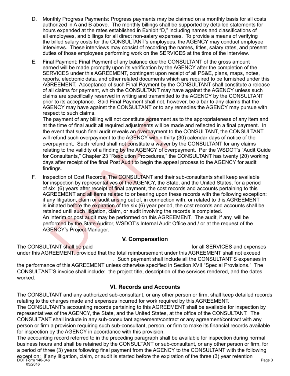 DOT Form 140-046 Professional Services (Real Estates) Consultant Agreement Negotiated Hourly Rate - Draft - Washington, Page 3
