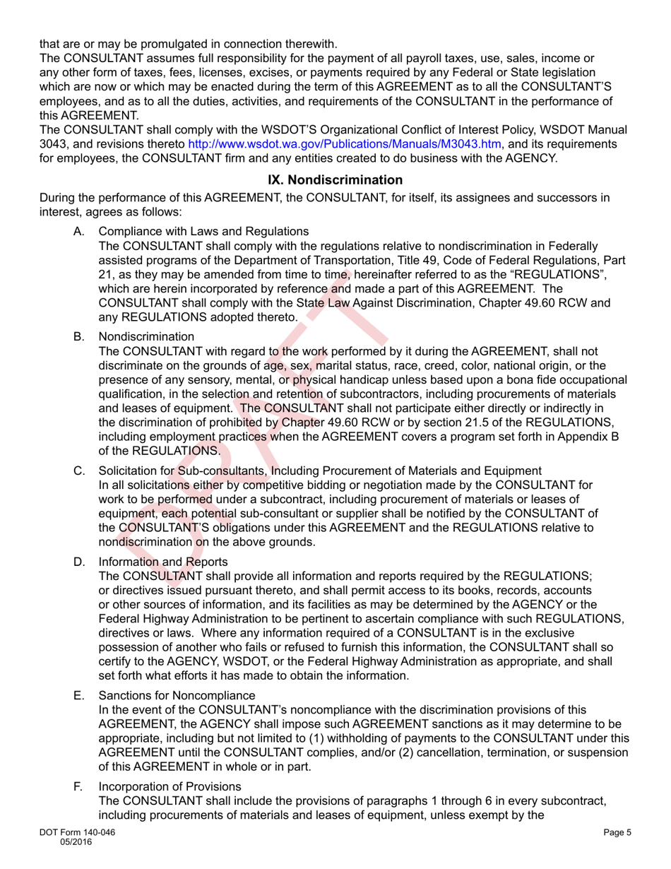 DOT Form 140-046 Professional Services (Real Estates) Consultant Agreement Negotiated Hourly Rate - Draft - Washington, Page 5