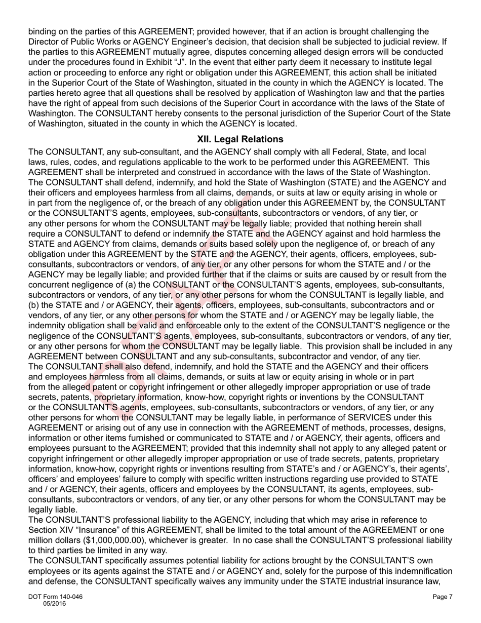 DOT Form 140-046 Professional Services (Real Estates) Consultant Agreement Negotiated Hourly Rate - Draft - Washington, Page 7