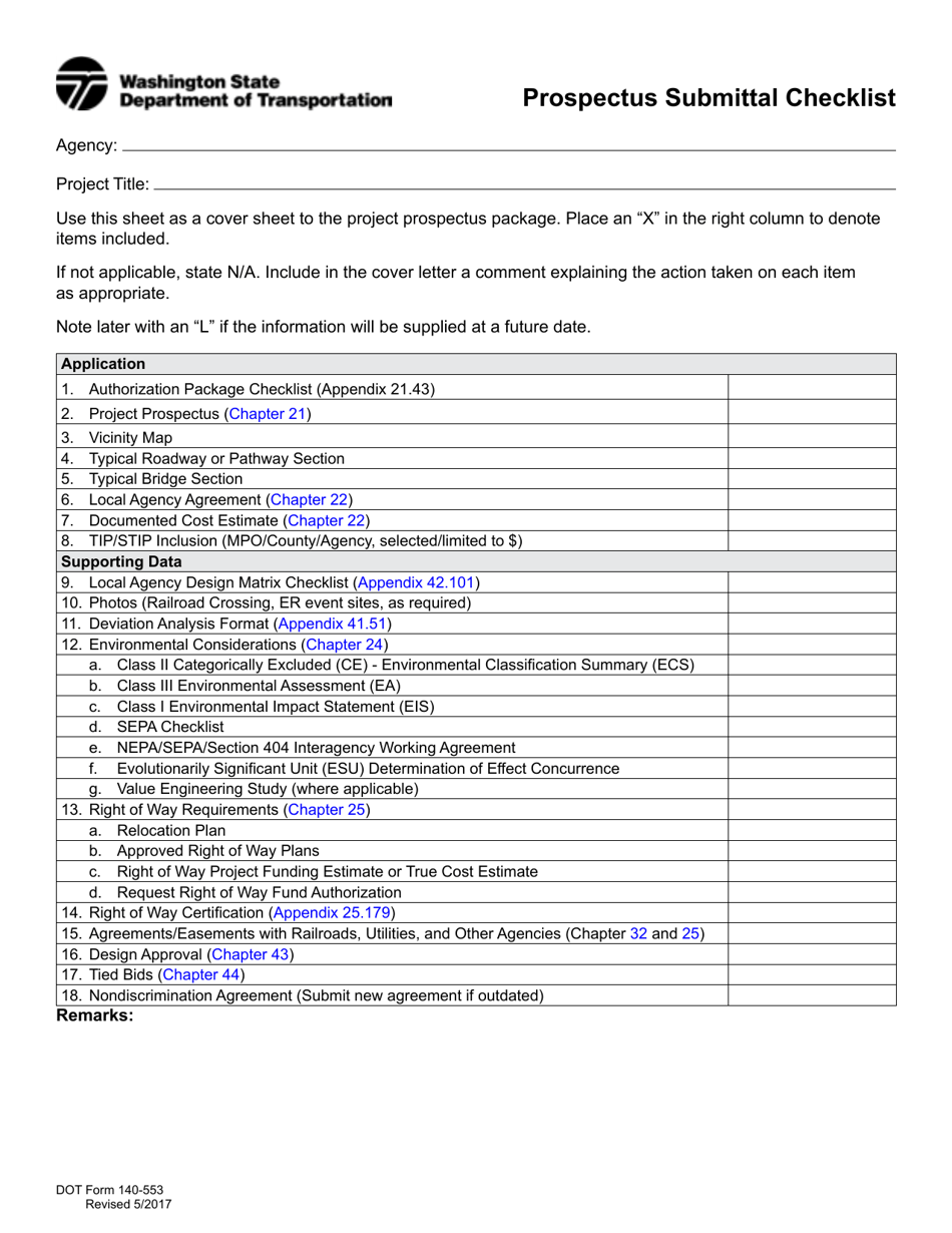 DOT Form 140-553 Prospectus Submittal Checklist - Washington, Page 1