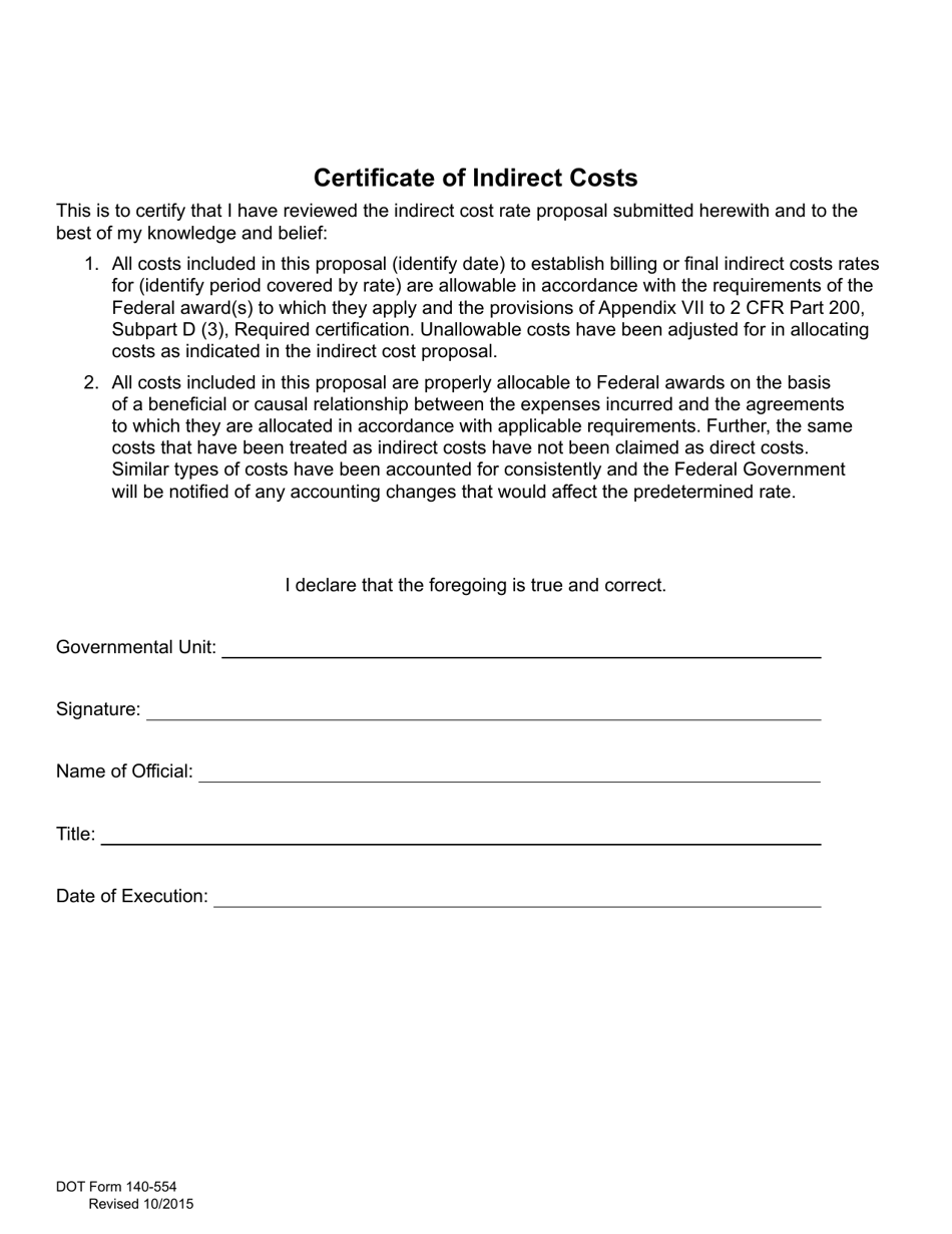 DOT Form 140-554 Certificate of Indirect Costs - Washington, Page 1
