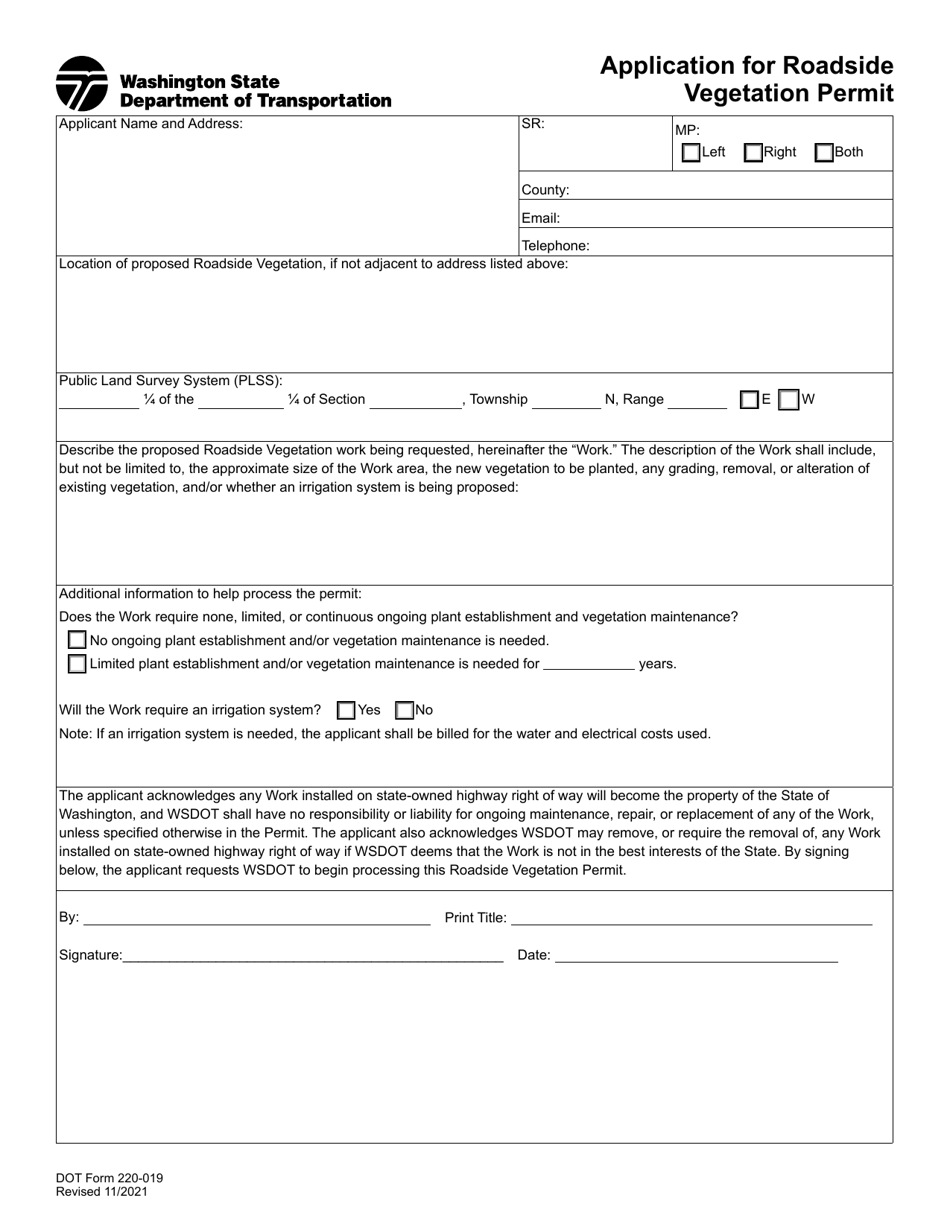 DOT Form 220-019 Application for Roadside Vegetation Permit - Washington, Page 1