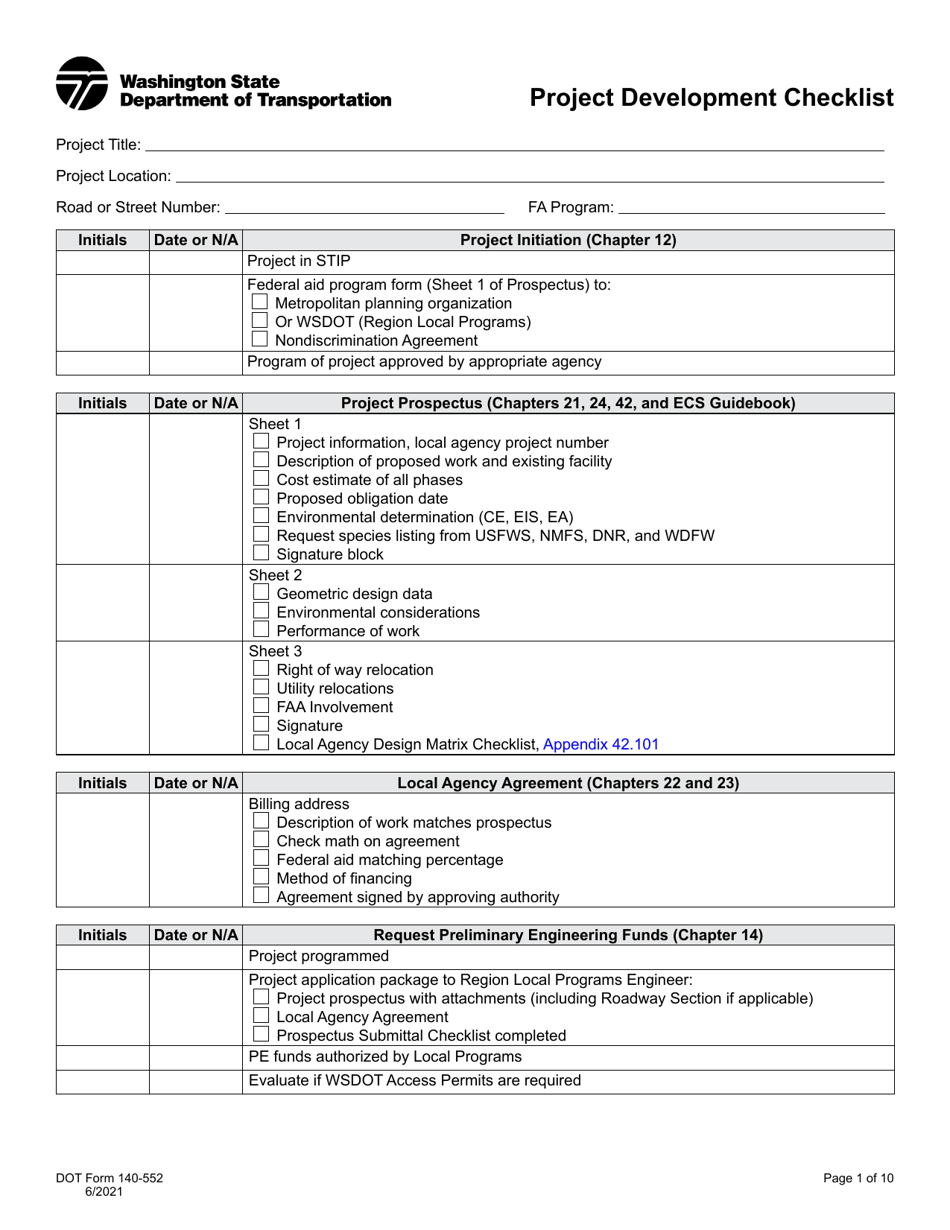 DOT Form 140-552 Project Development Checklist - Washington, Page 1
