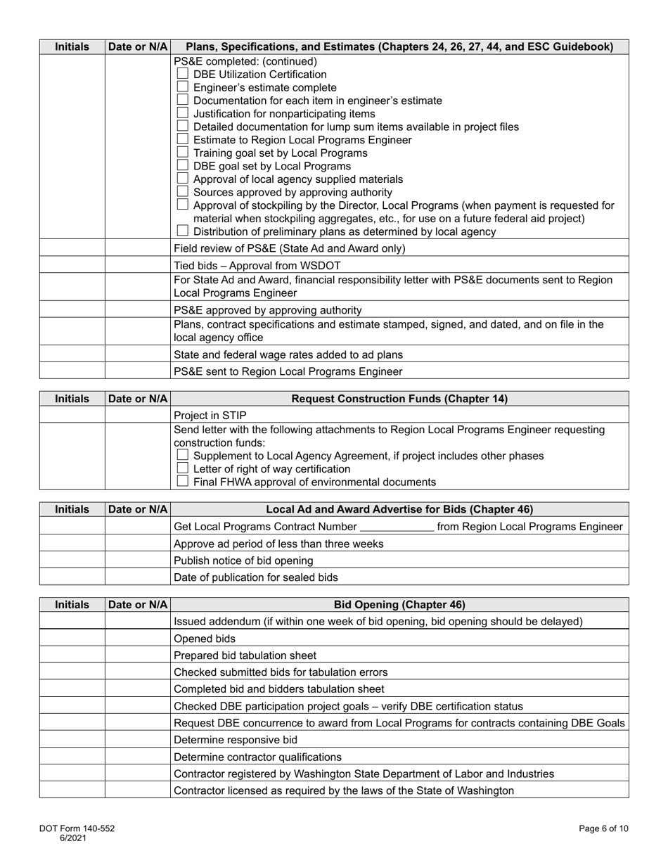 DOT Form 140-552 Project Development Checklist - Washington, Page 6