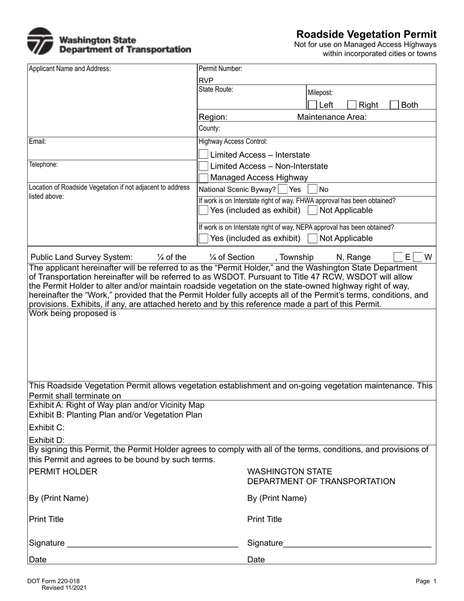 DOT Form 220-018 Roadside Vegetation Permit - Washington, Page 1