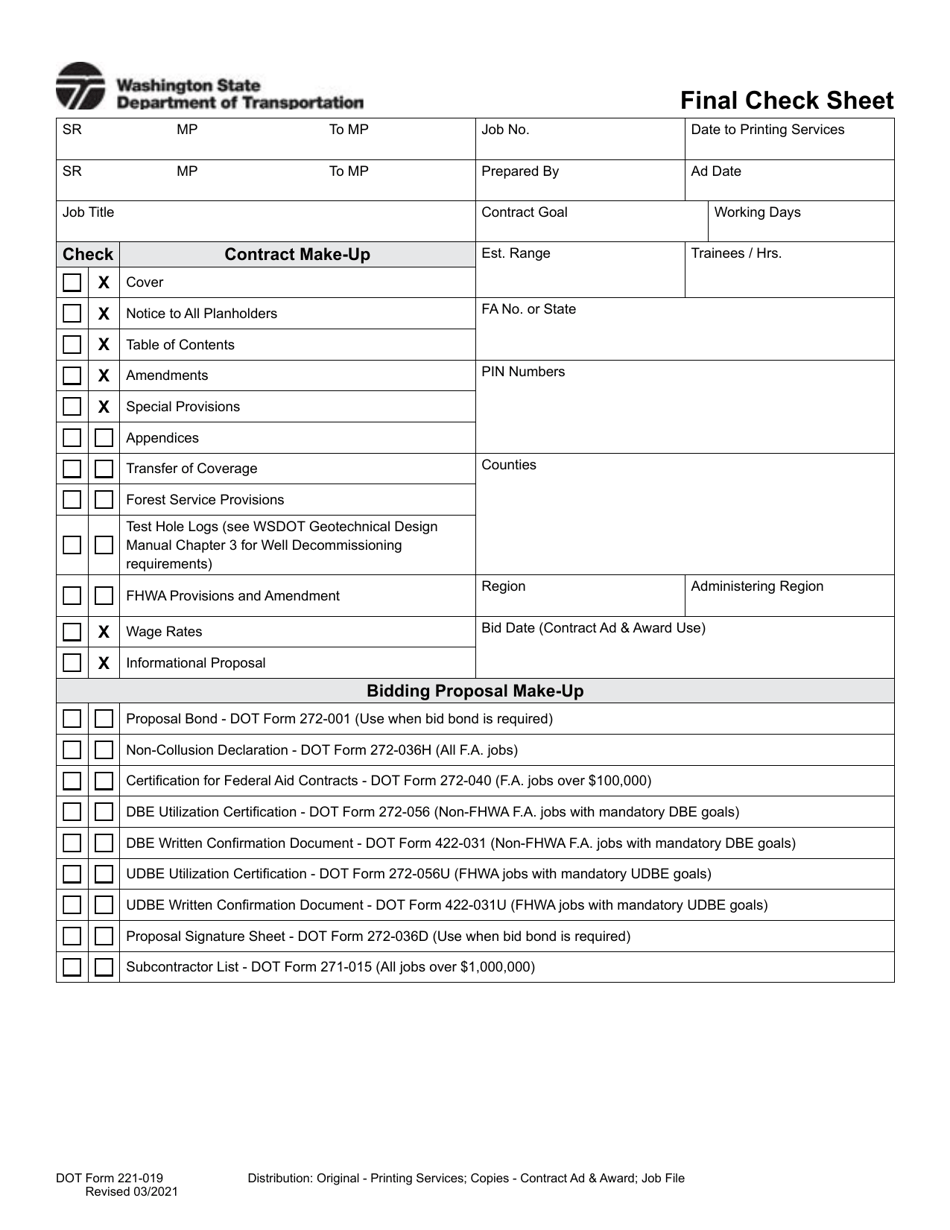 DOT Form 221-019 Final Check Sheet - Washington, Page 1