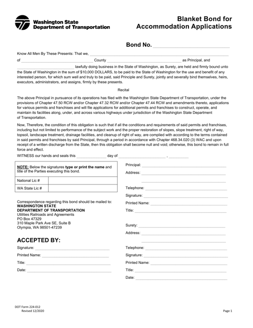 DOT Form 224-012  Printable Pdf