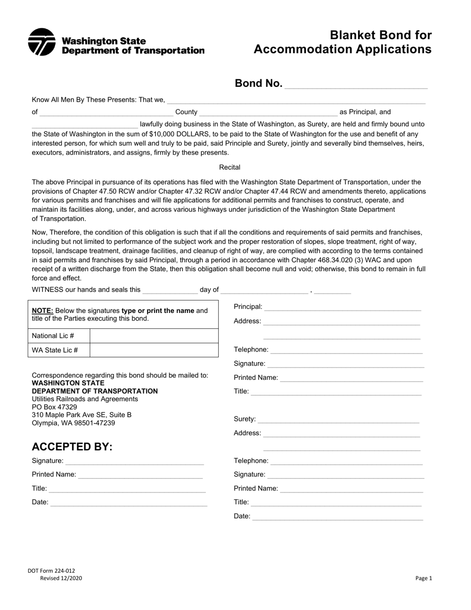 DOT Form 224-012 Blanket Bond for Accommodation Applications - Washington, Page 1