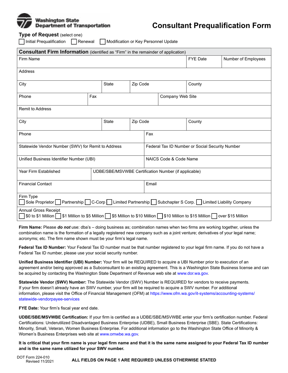 DOT Form 224-010 Consultant Prequalification Form - Washington, Page 1