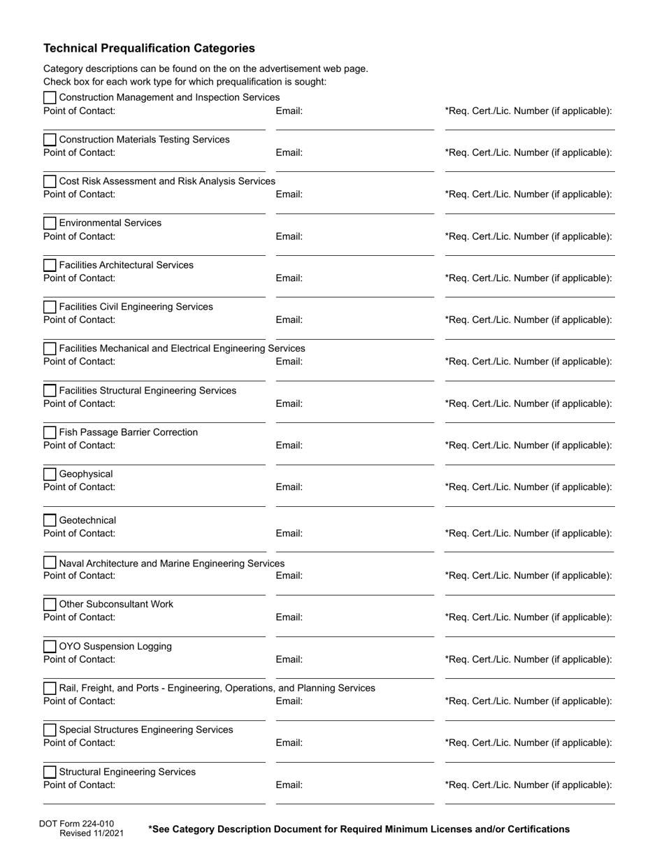 DOT Form 224-010 Consultant Prequalification Form - Washington, Page 2