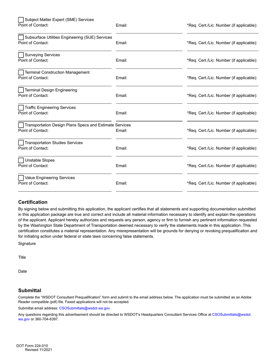 DOT Form 224-010 Consultant Prequalification Form - Washington, Page 3