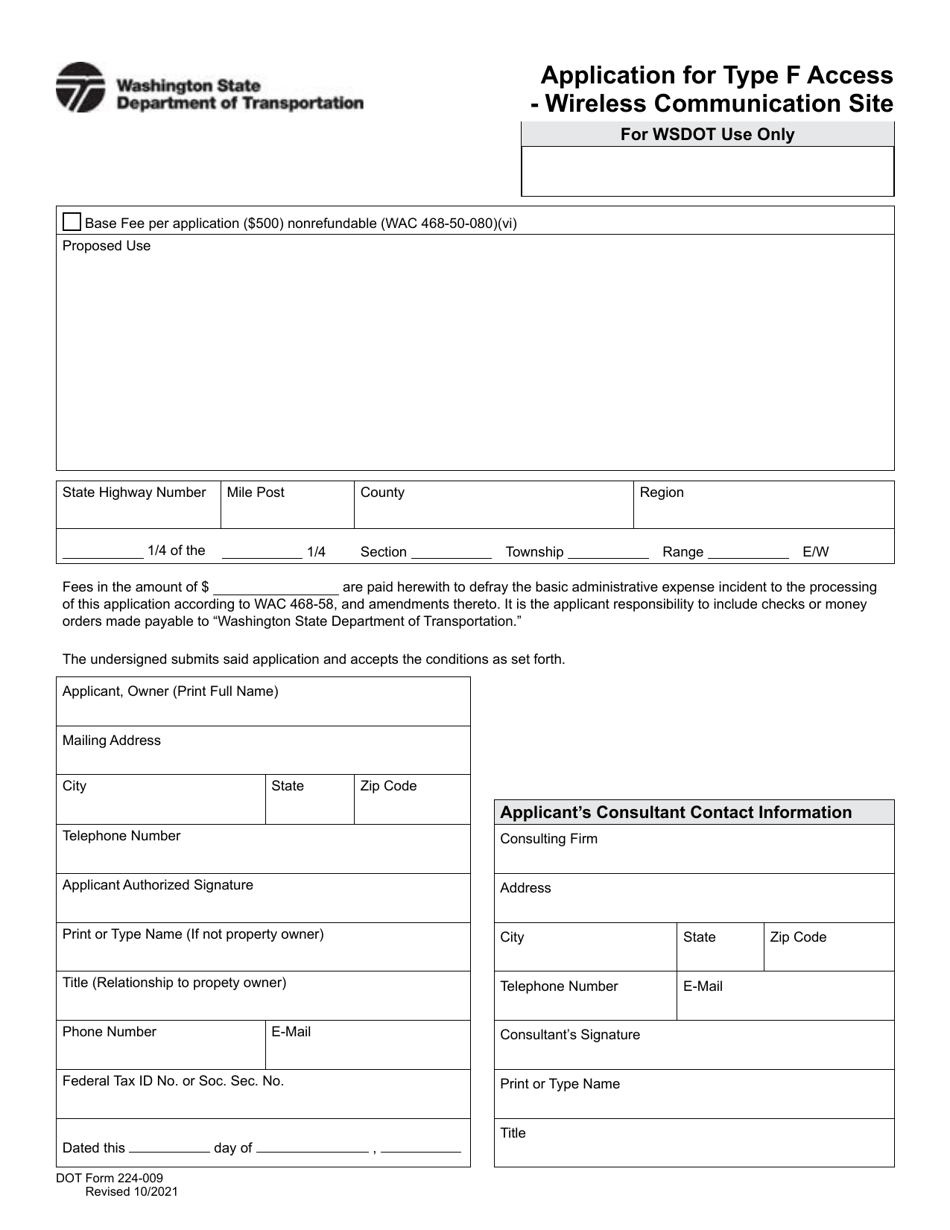 DOT Form 224-009 Application for Type F Access - Wireless Communication Site - Washington, Page 1