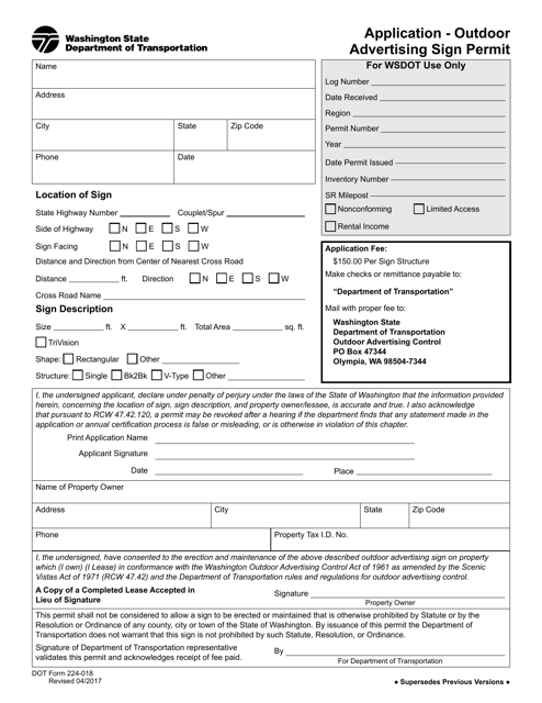 DOT Form 224-018 Application - Outdoor Advertising Sign Permit - Washington