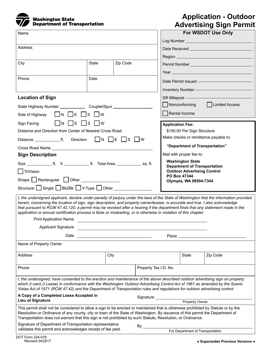 DOT Form 224-018 Application - Outdoor Advertising Sign Permit - Washington, Page 1