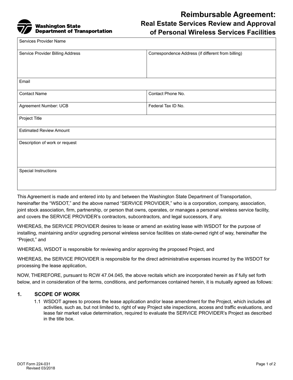 DOT Form 224-031 Reimbursable Agreement: Real Estate Services Review and Approval of Personal Wireless Services Facilities - Washington, Page 1