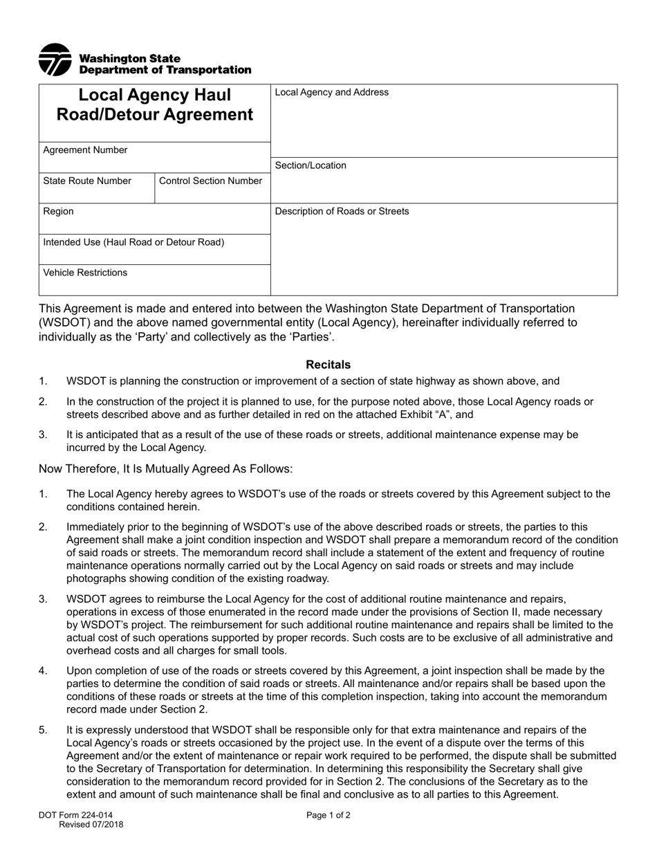 DOT Form 224-014 Local Agency Haul Road / Detour Agreement - Washington, Page 1