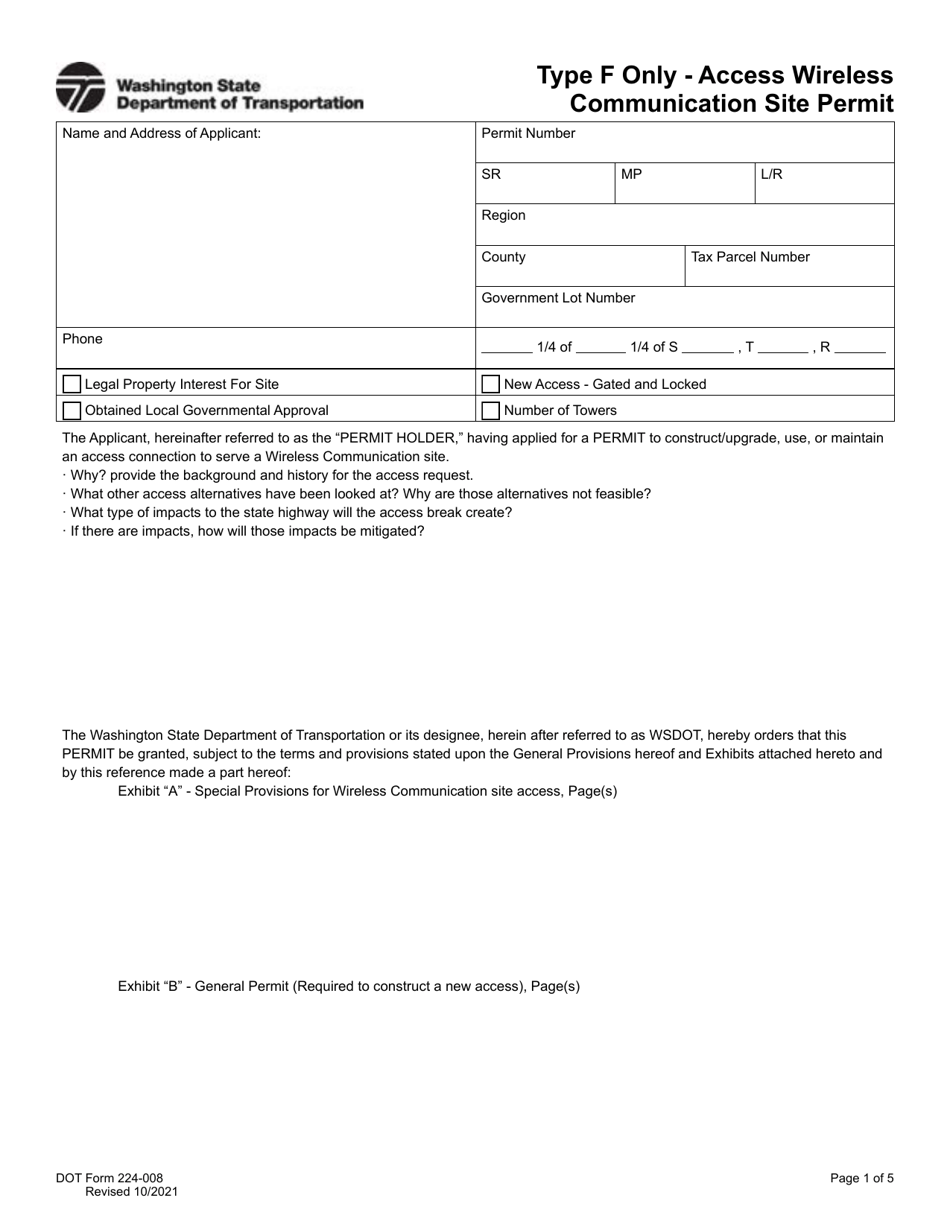 DOT Form 224-008 Access Wireless Communication Site Permit - Type F Only - Washington, Page 1