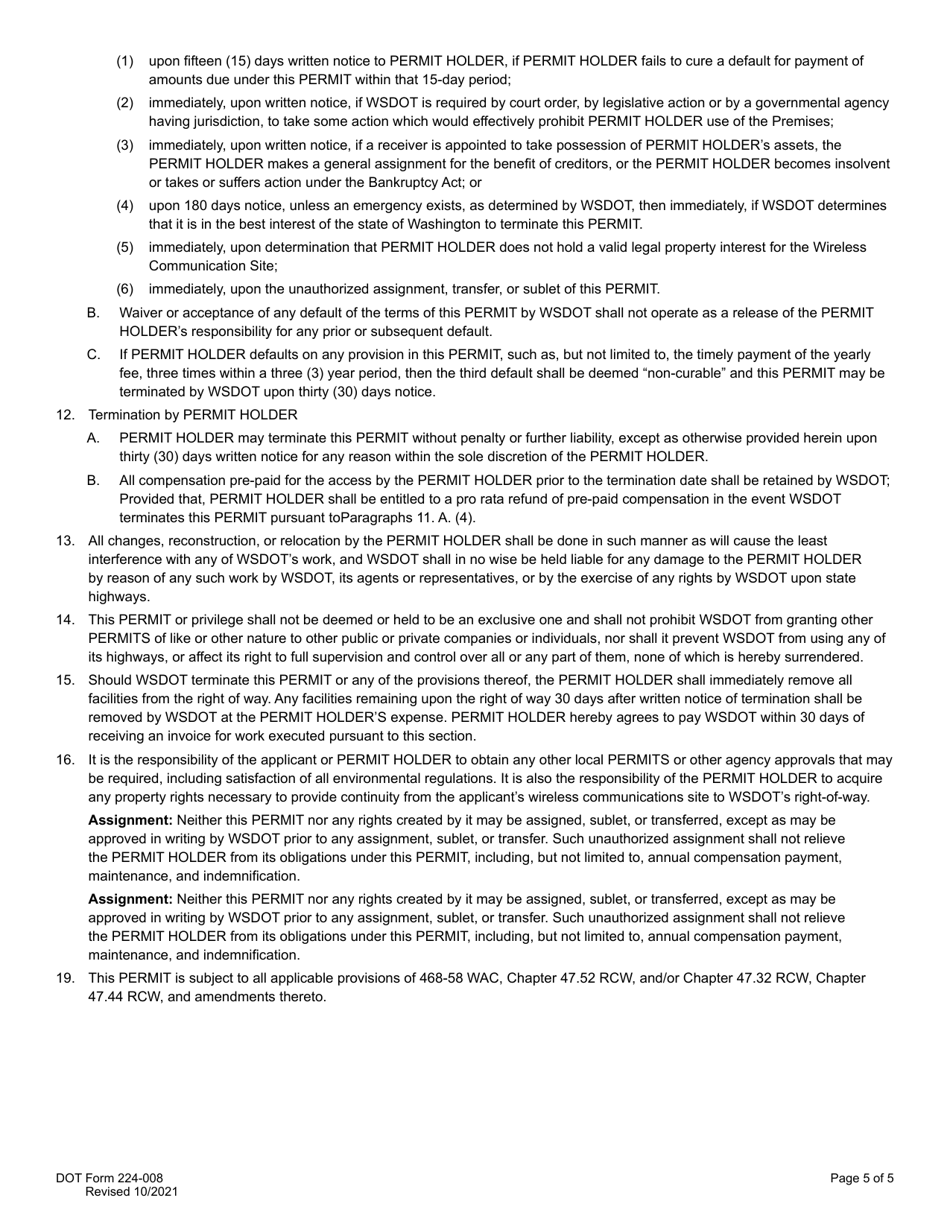 DOT Form 224-008 Access Wireless Communication Site Permit - Type F Only - Washington, Page 5