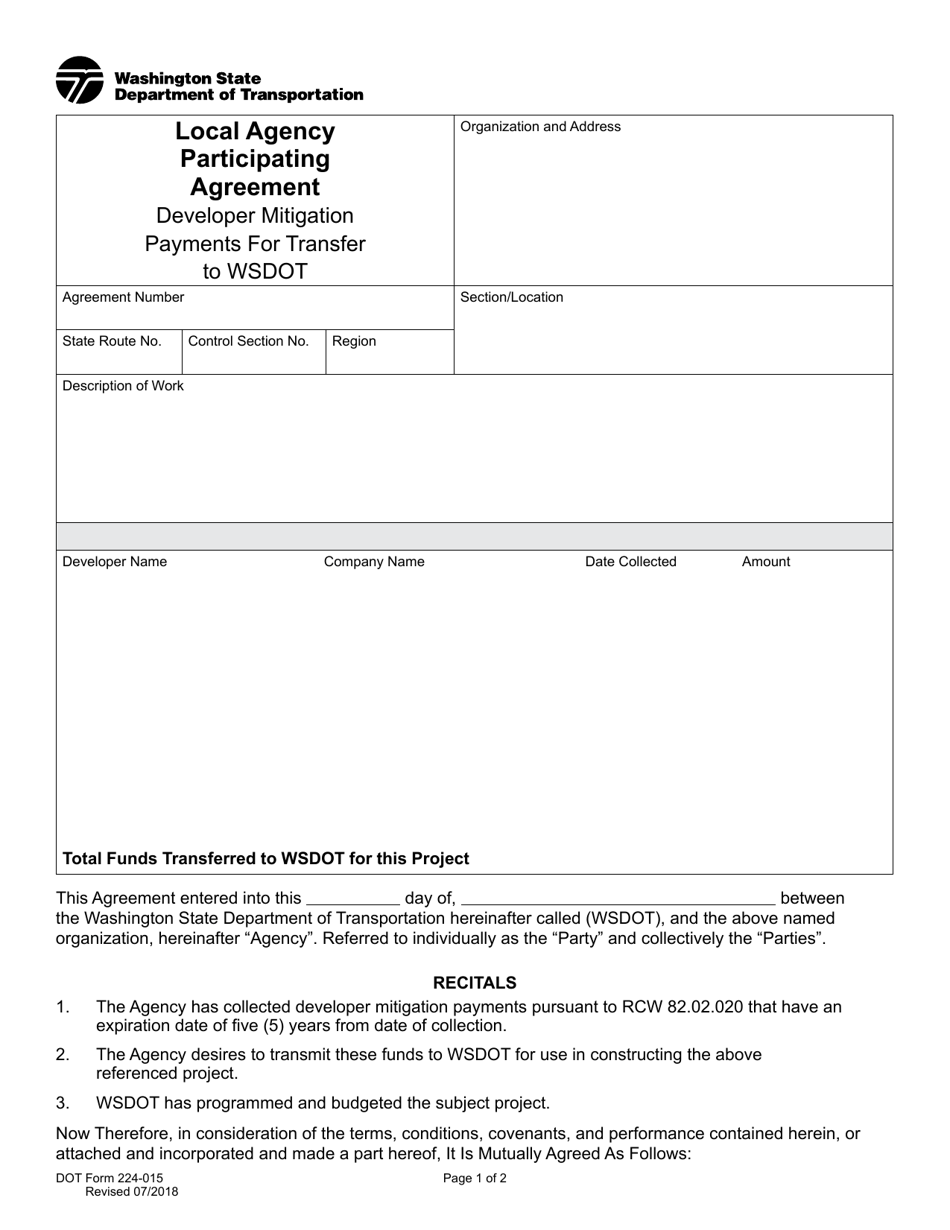 DOT Form 224-015 Local Agency Participating Agreement - Developer Mitigation Payments for Transfer to Wsdot - Washington, Page 1