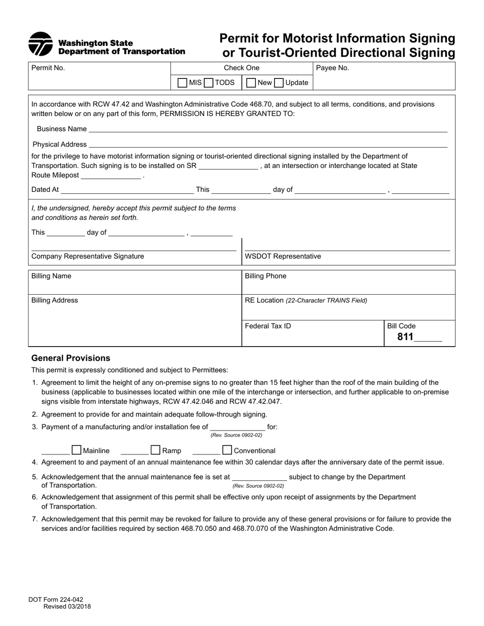 DOT Form 224-042 Permit for Motorist Information Signing or Tourist-Oriented Directional Signing - Washington, Page 1