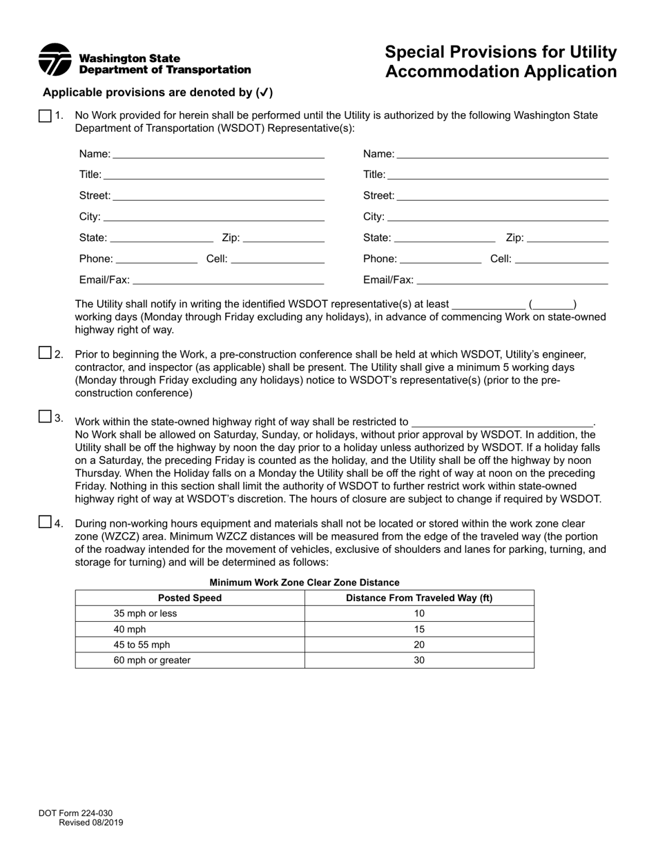 DOT Form 224-030 Special Provisions for Utility Accommodation Application - Washington, Page 1