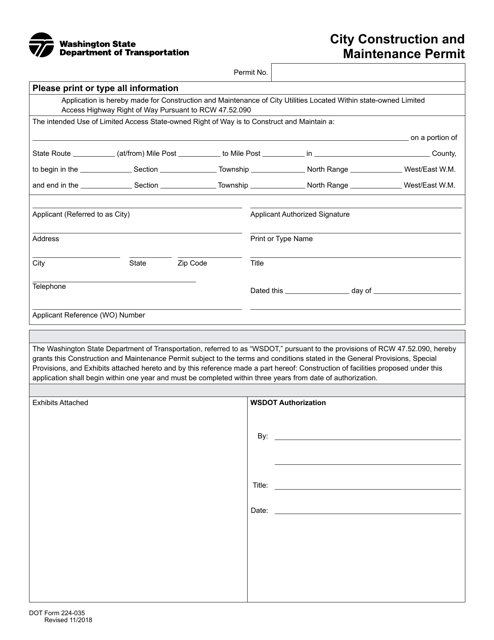 DOT Form 224-035 City Construction and Maintenance Permit - Washington