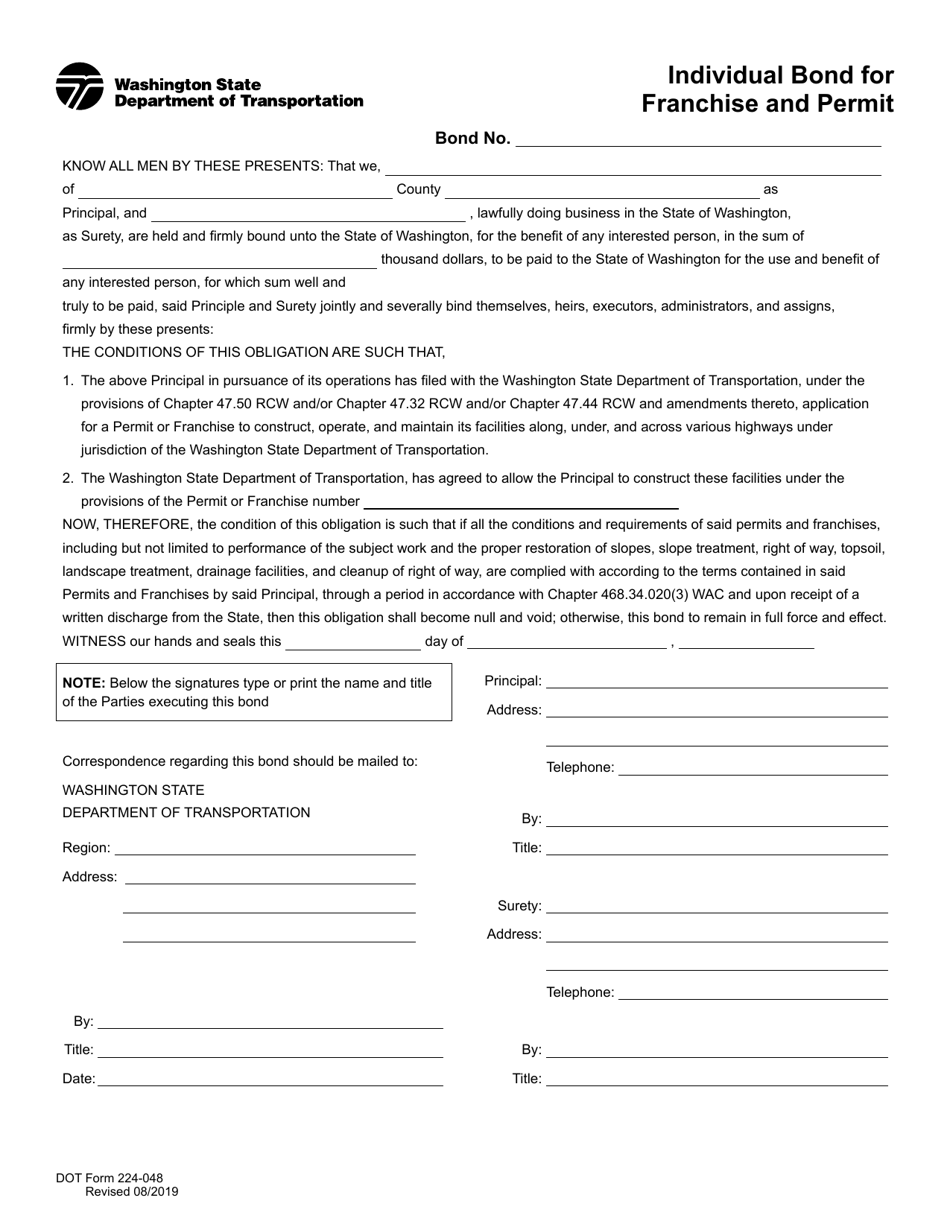 DOT Form 224-048 Individual Bond for Franchise and Permit - Washington, Page 1