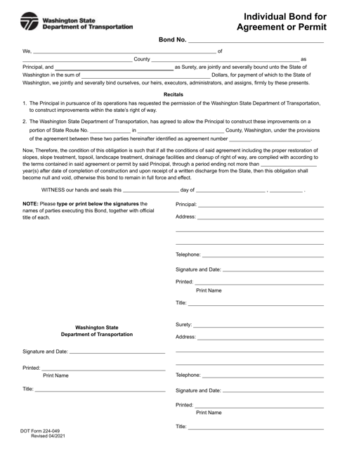 DOT Form 224-049 Individual Bond for Agreement or Permit - Washington