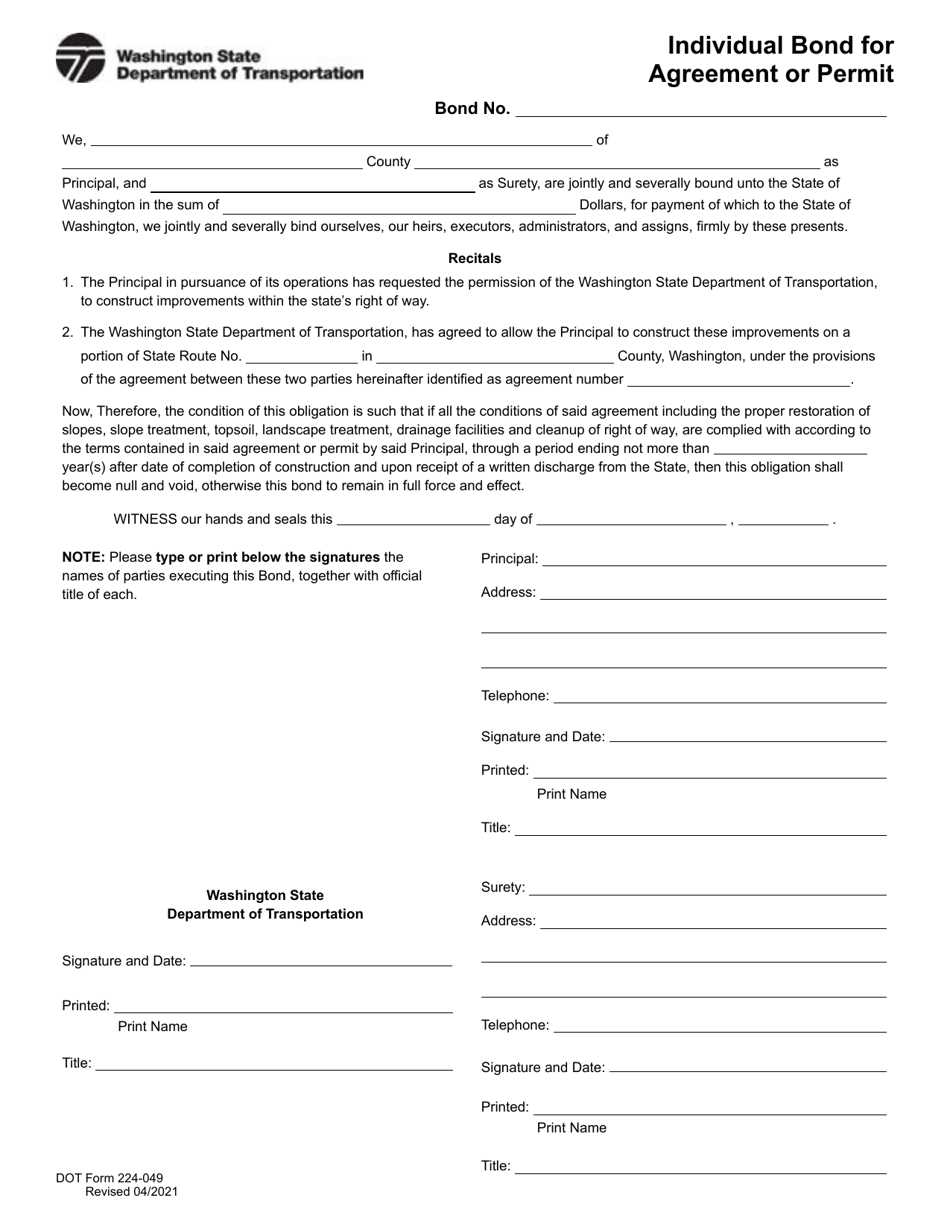 DOT Form 224-049 Individual Bond for Agreement or Permit - Washington, Page 1