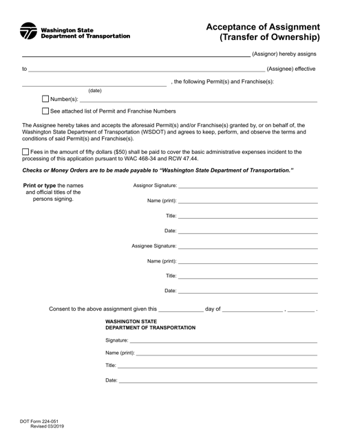 DOT Form 224-051 Acceptance of Assignment (Transfer of Ownership) - Washington