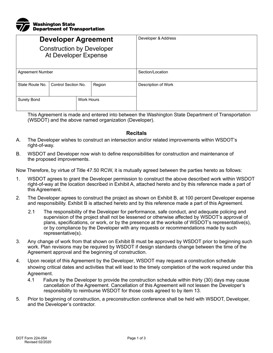 DOT Form 224-054 Developer Agreement - Construction by Developer at Developer Expense - Washington, Page 1