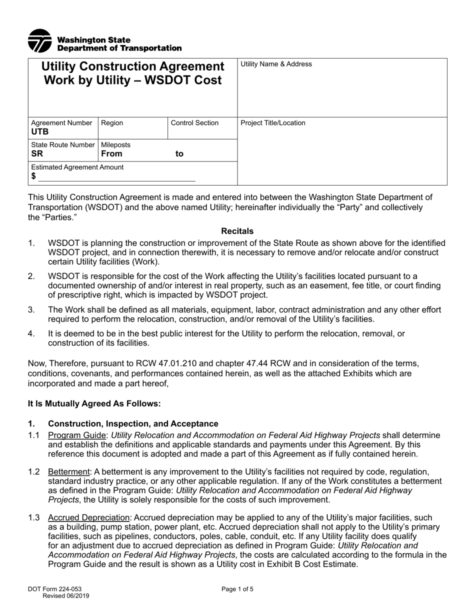 DOT Form 224-053 Utility Construction Agreement Work by Utility - Wsdot Cost - Washington, Page 1