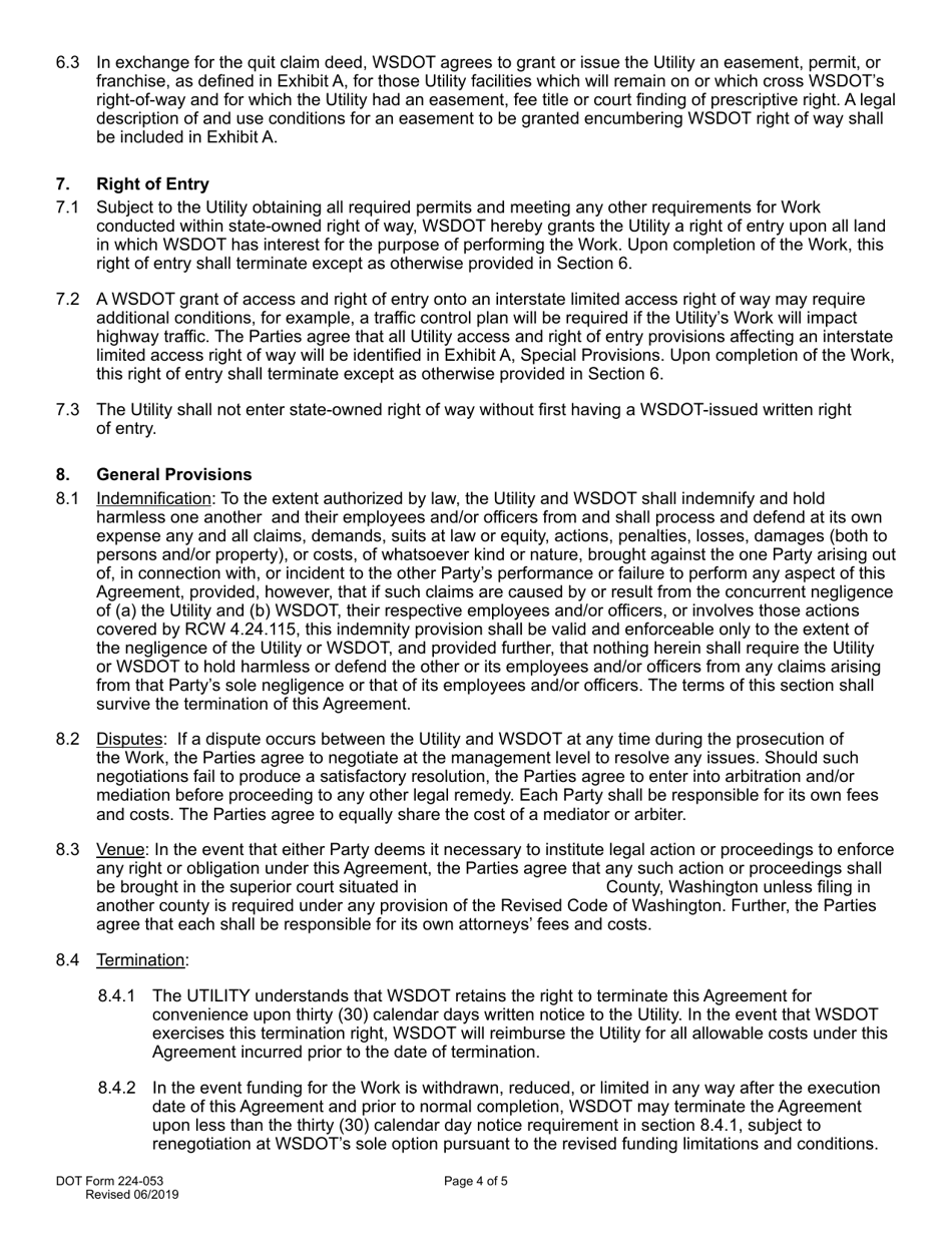 DOT Form 224-053 Utility Construction Agreement Work by Utility - Wsdot Cost - Washington, Page 4