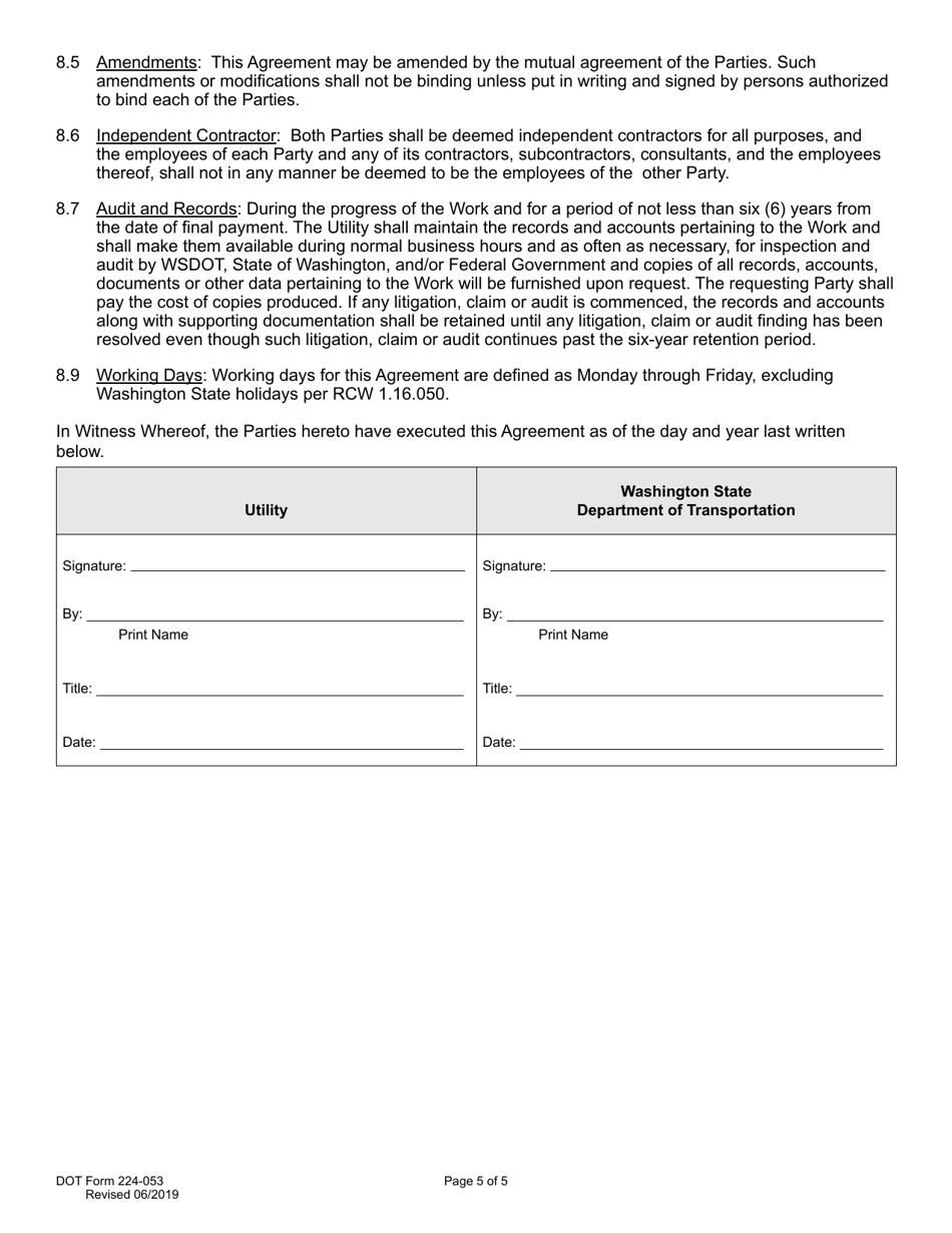 DOT Form 224-053 Utility Construction Agreement Work by Utility - Wsdot Cost - Washington, Page 5