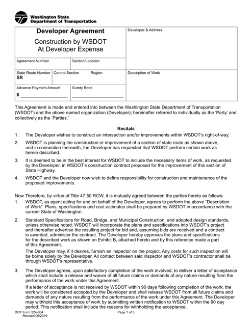 DOT Form 224-064 Developer Agreement - Construction by Wsdot at Developer Expense - Washington